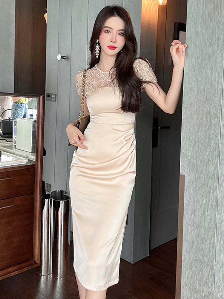 Elegant Satin Lace Sleeve Bodycon Midi Dress on Luulla