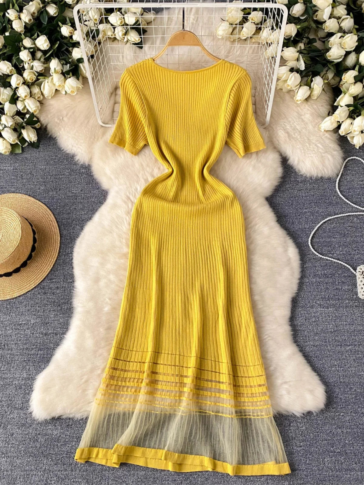 yellow ribbed maxi dress Elegant Yellow Ribbed Knit Maxi Dress