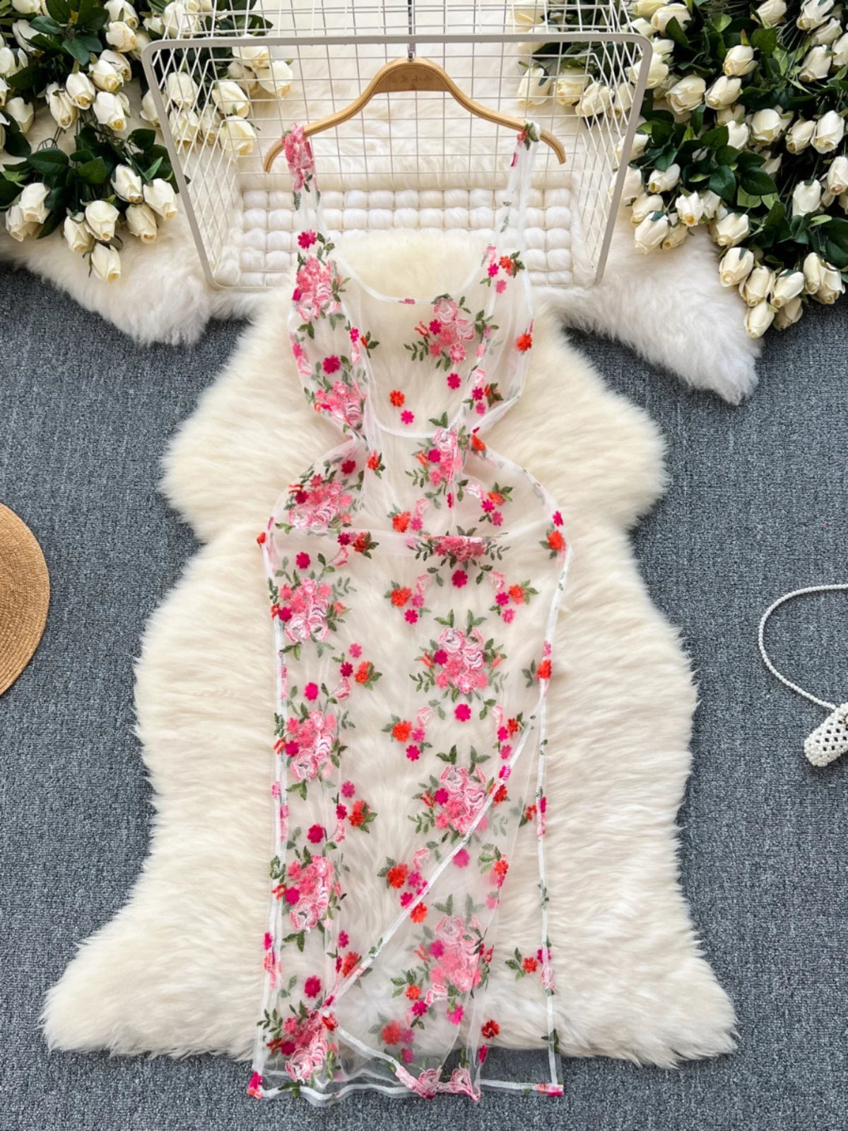 Floral Embroidered Sleeveless See-through Mesh Dress on Luulla