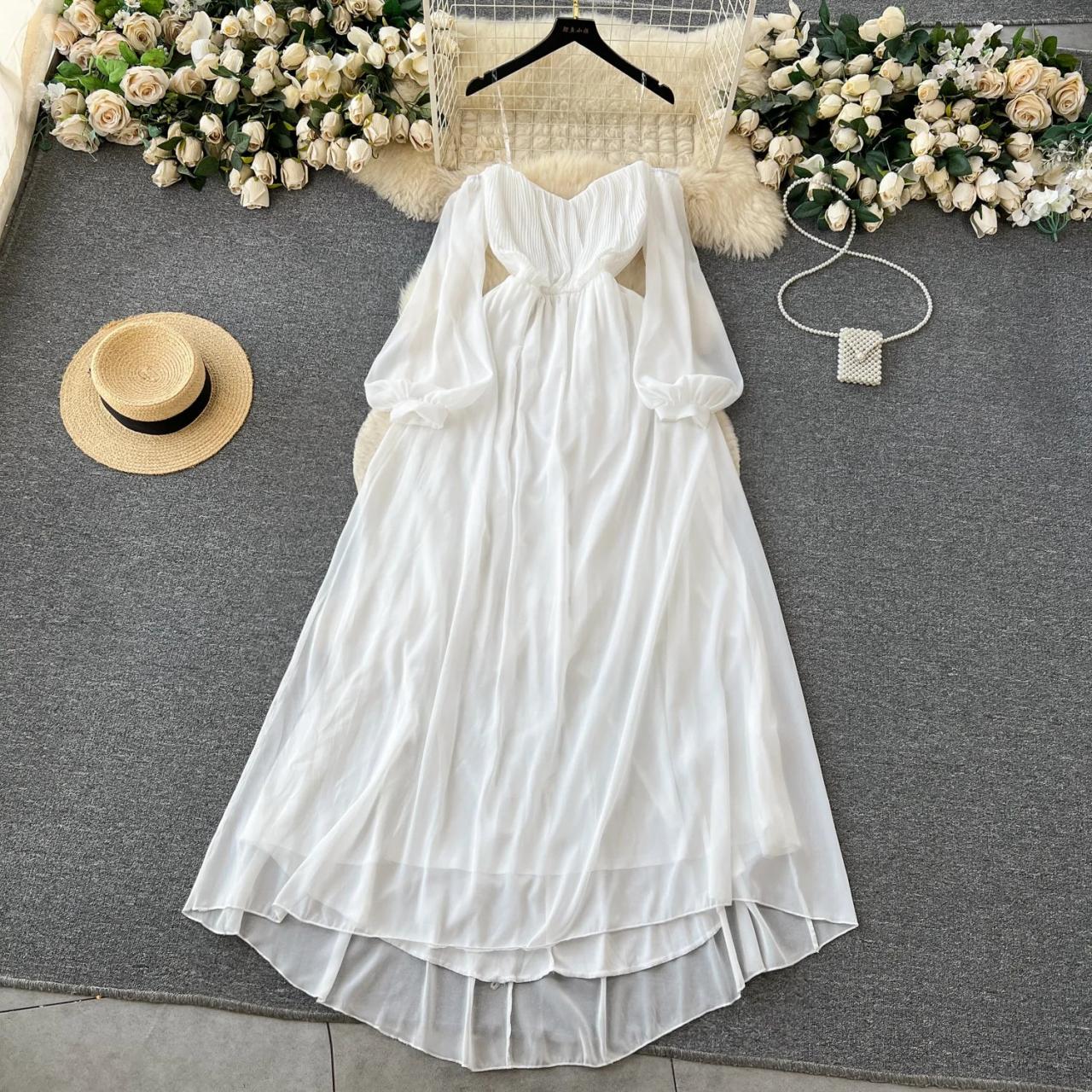Elegant White Long Sleeve Chiffon Maxi Dress