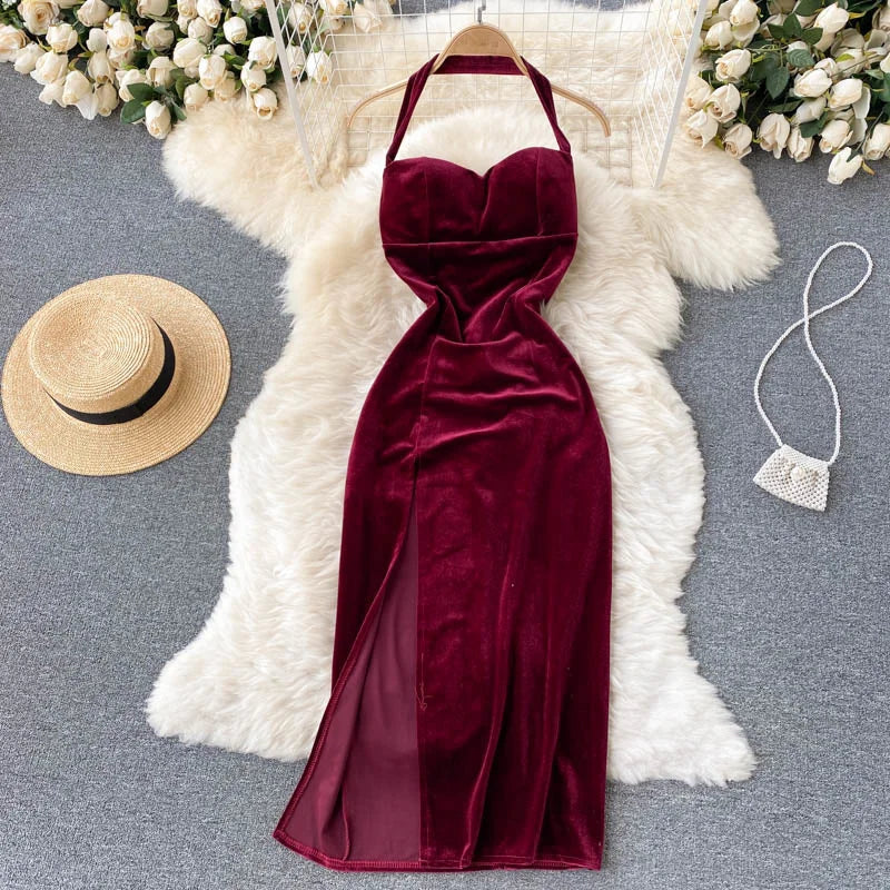 burgundy velvet halter dress Los Angeles Apparel VVT8374 - Velvet Halter Maxi Dress - Dresses & Skirts main image 0