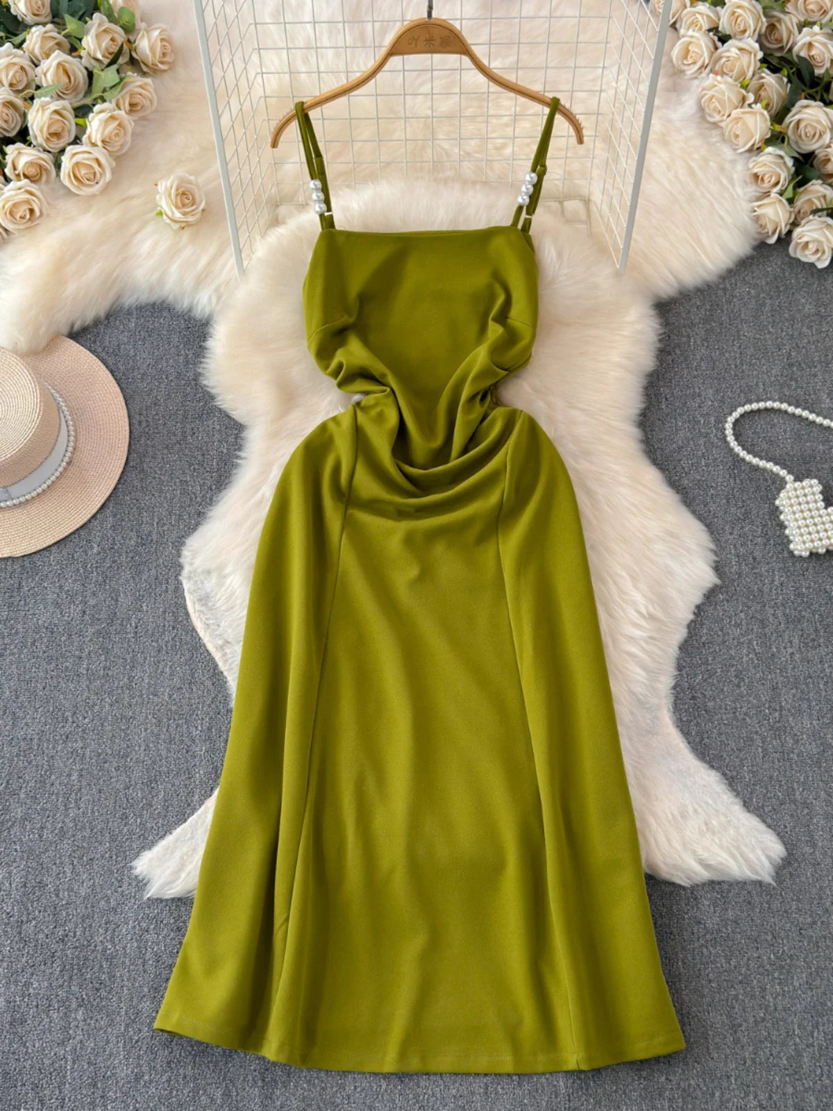 Fashionbeat Elegant Olive Green Satin Slip Dress