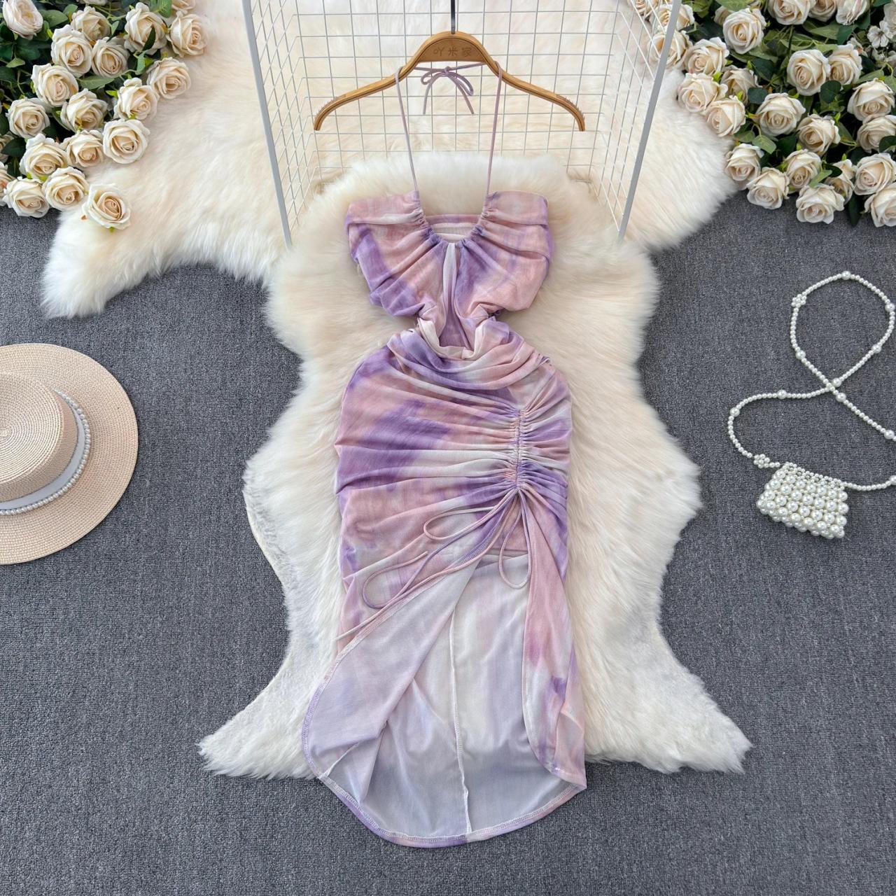 pink tie dye ruched dress Tie Dye Ruched Bust Mesh Cami Dress, Pink / XS