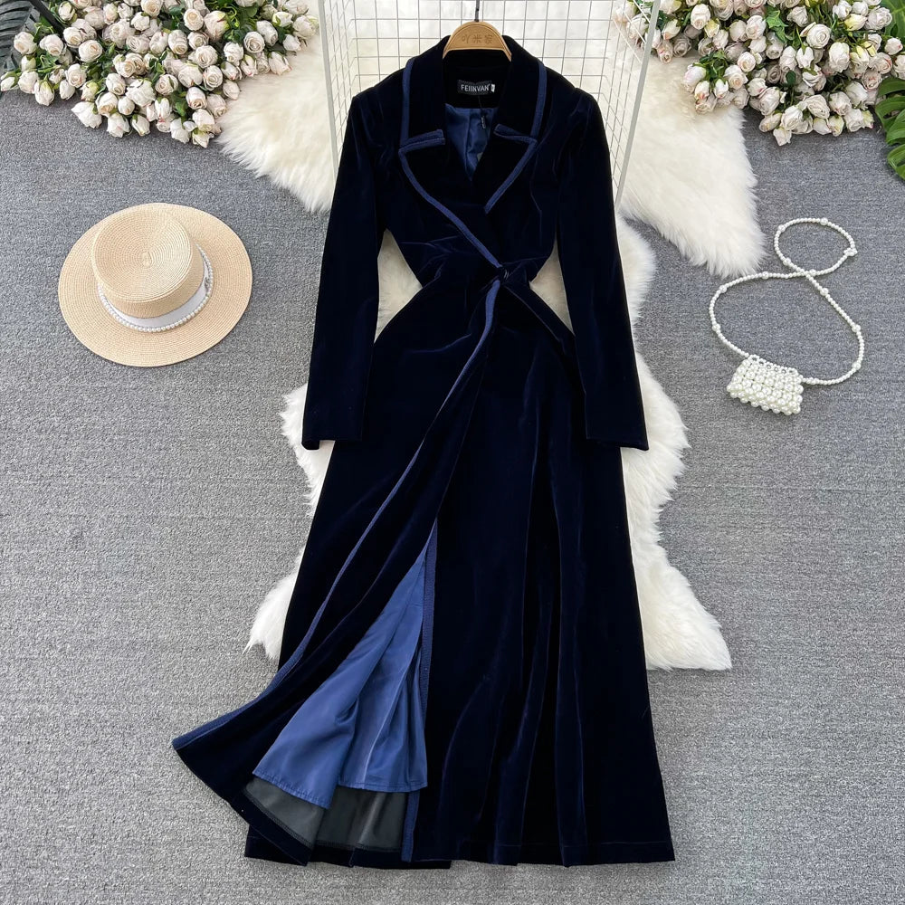 Elegant Navy Blue Velvet Long Trench Coat