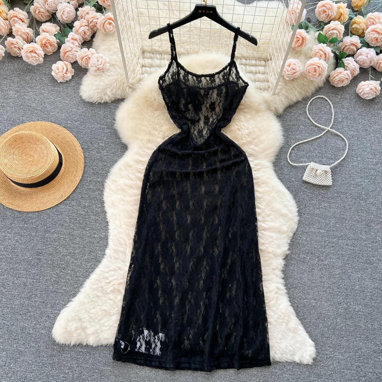 Elegant Black Lace Maxi Slip Dress