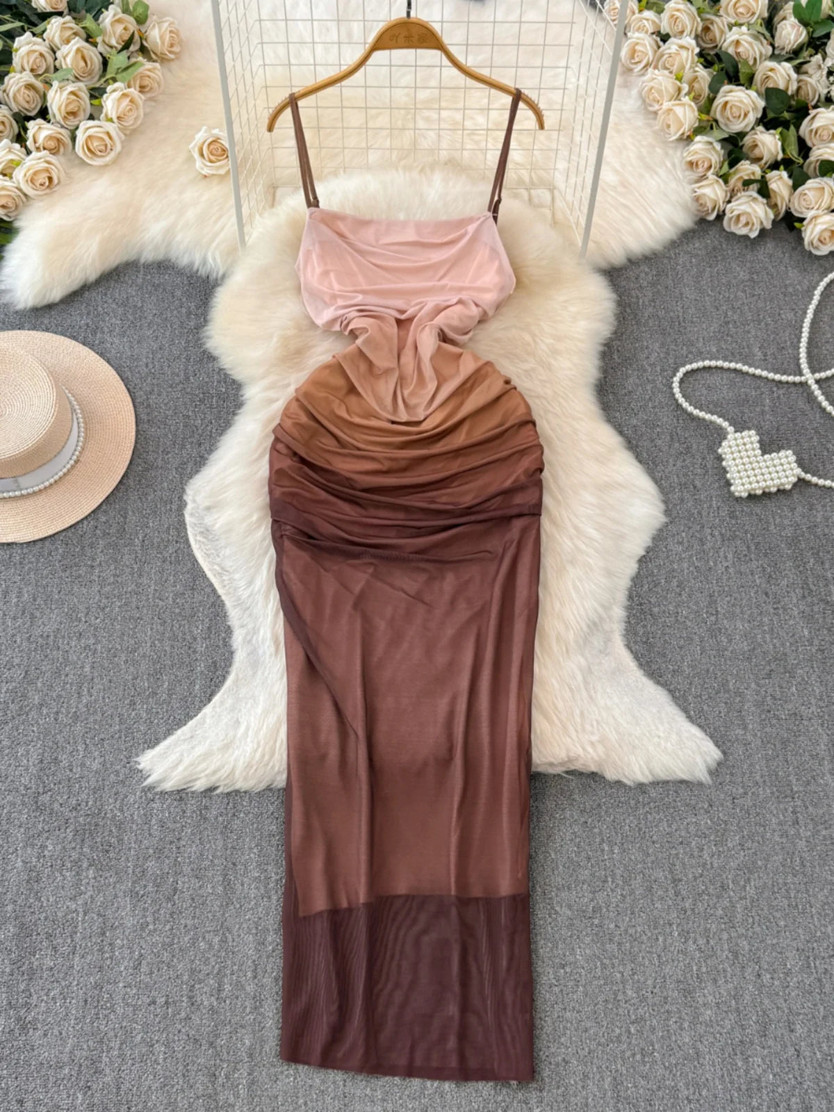 Gradient Brown Ruched Spaghetti Strap Maxi Dress