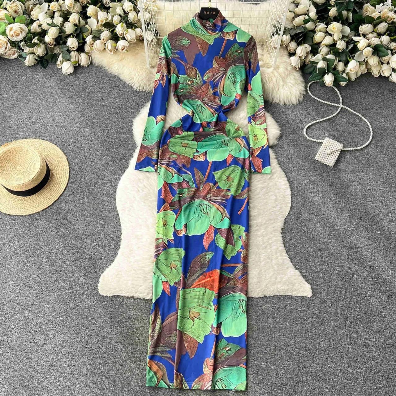 green emerald velvet dress Tropical print bohemian maxi dress – Miss Mazie main image 0