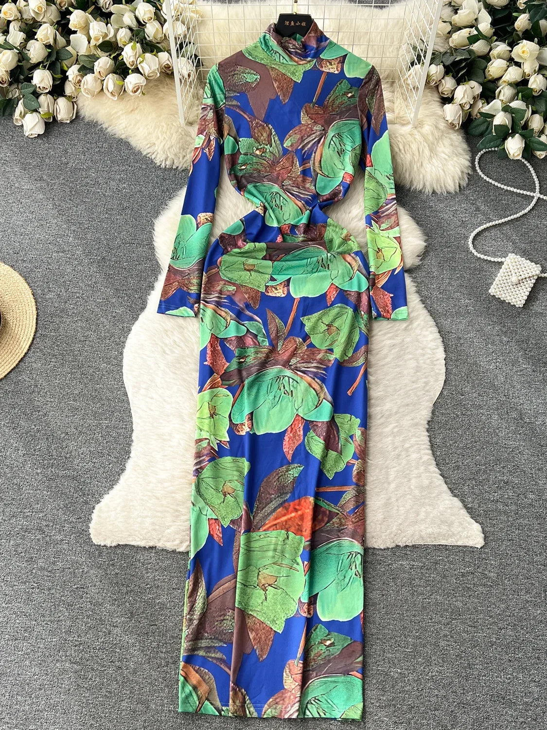 Elegant Tropical Print Long Sleeve Maxi Dress on Luulla