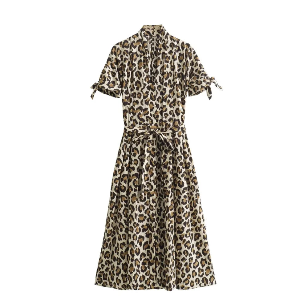 knee length dresses for ladies Leopard Print Cowl Neck Off the Shoulder Midi Dress