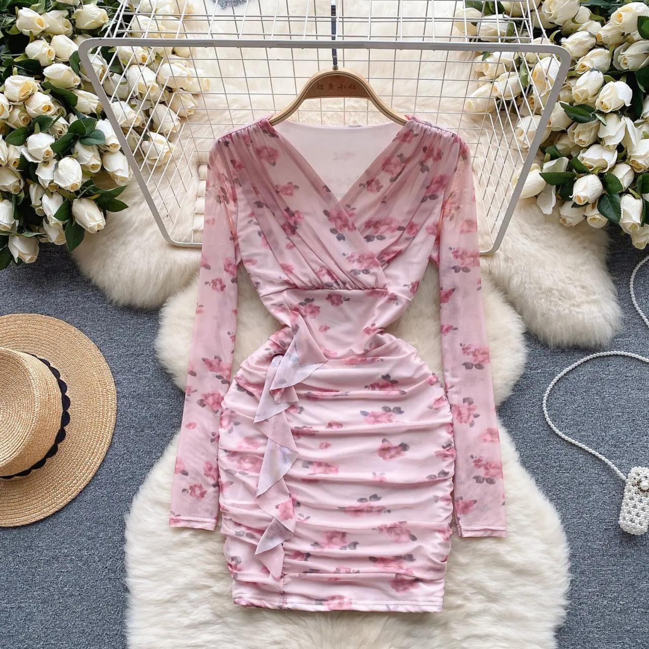 ruched wrap mini dress Long Sleeve Ruched Wrap Wedding Guest Mini Dress  Elma Boutique