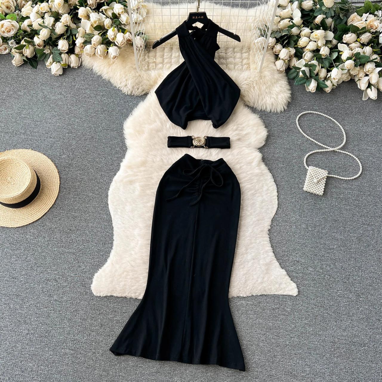 Elegant Black Evening Gown With Accessories Set