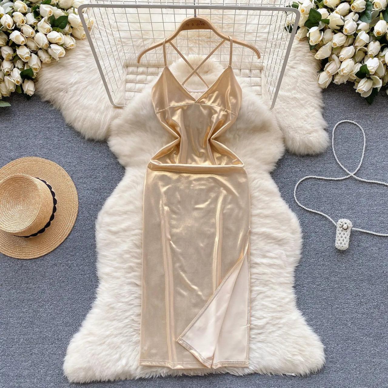 Elegant Gold Satin Slip Dress With Slit on Luulla