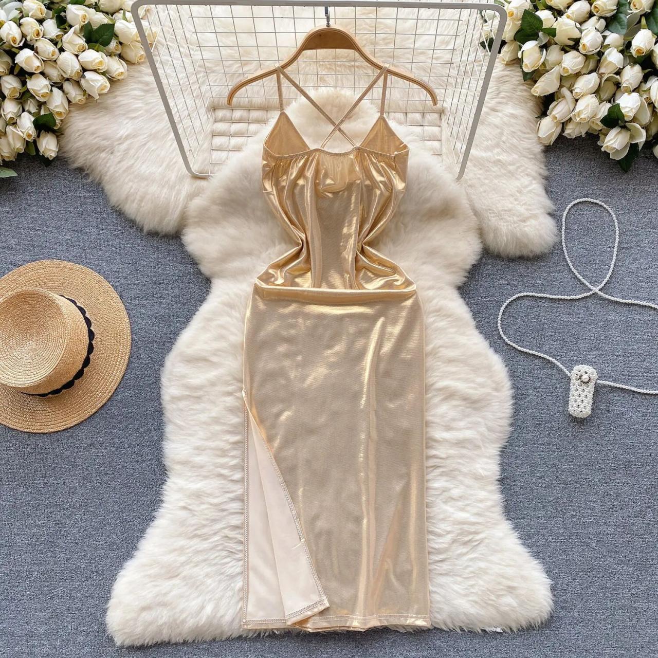 Elegant Gold Satin Slip Dress With Slit on Luulla