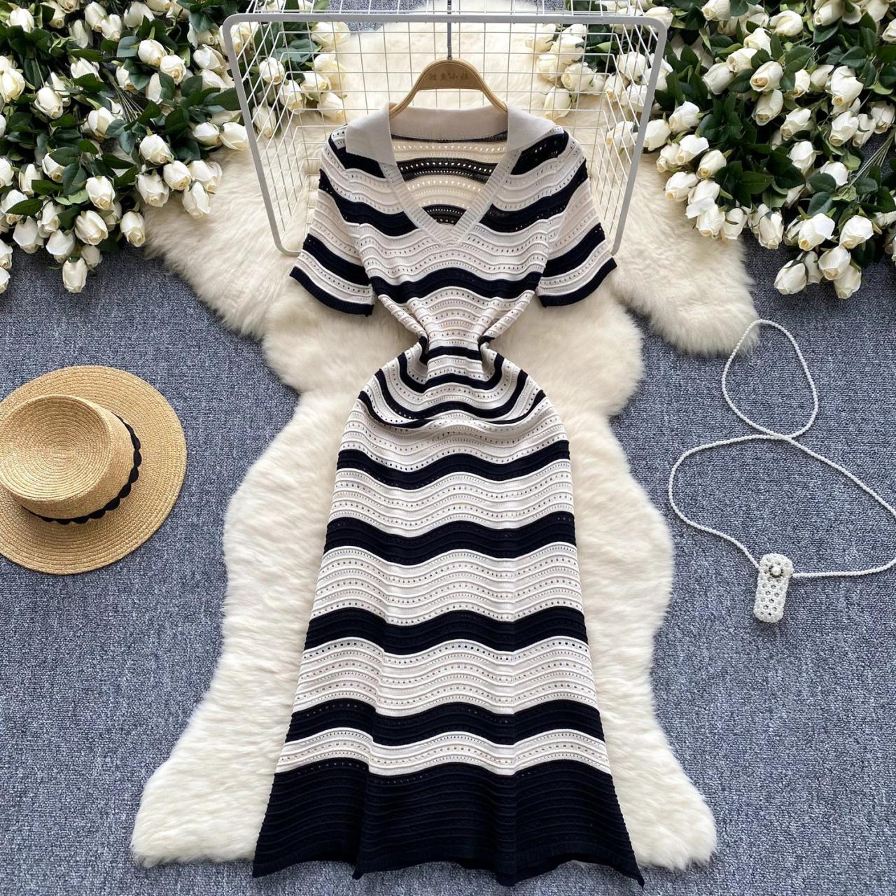 striped lace dress Elegant Black And White Striped Lace Dress