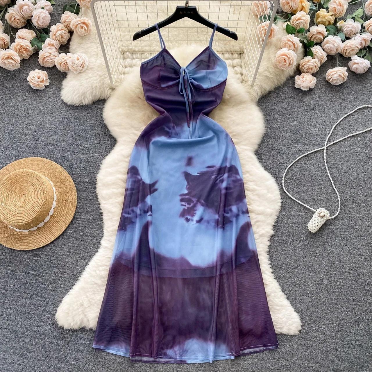 Elegant Tie-dye Satin Slip Dress With Lace