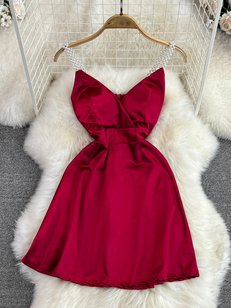 red dress with pearl straps Pearl Ruffle Strap High-Low Hem Dress Red