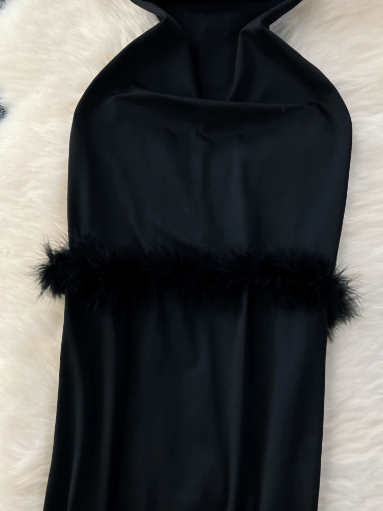 Elegant Black Velvet Dress With Feather Trim on Luulla
