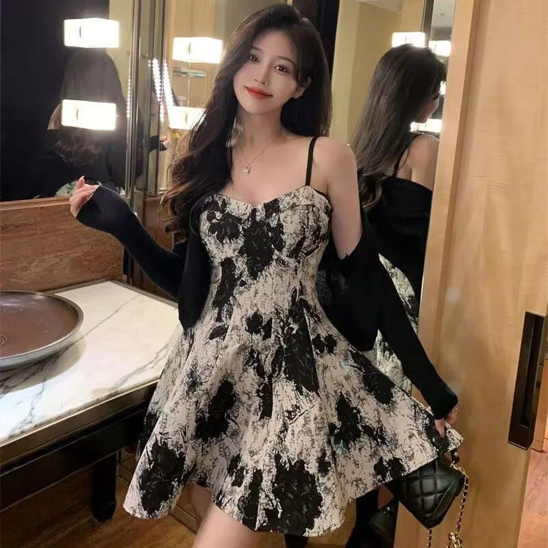 White and black floral long dress main image 1