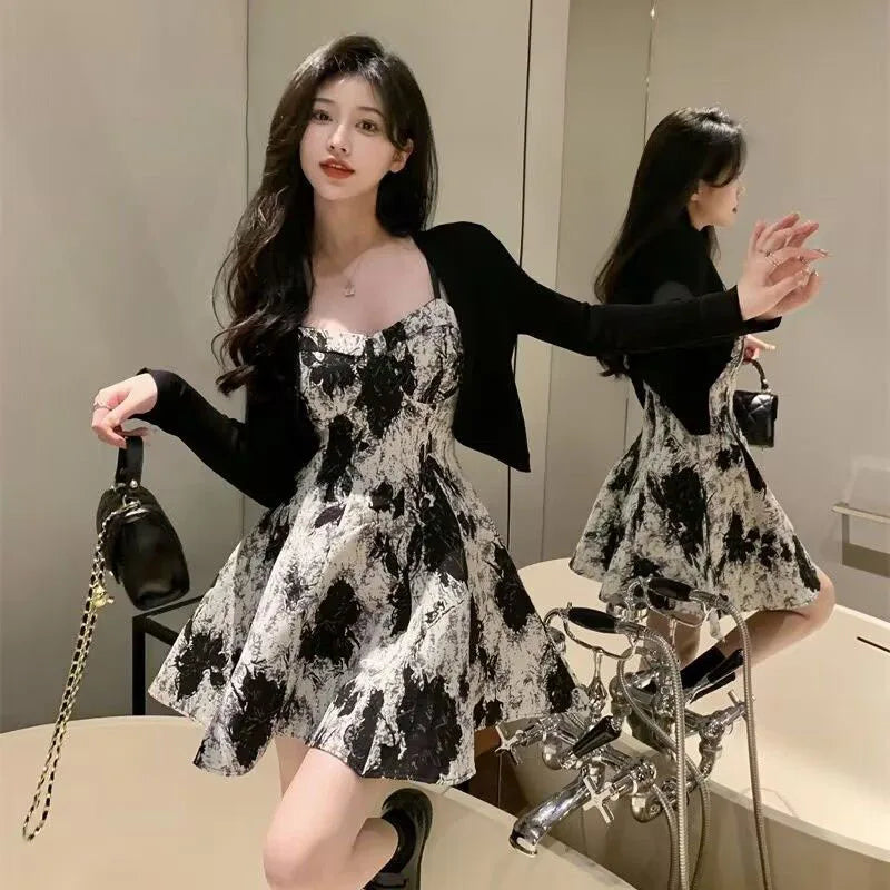 White and black floral long dress