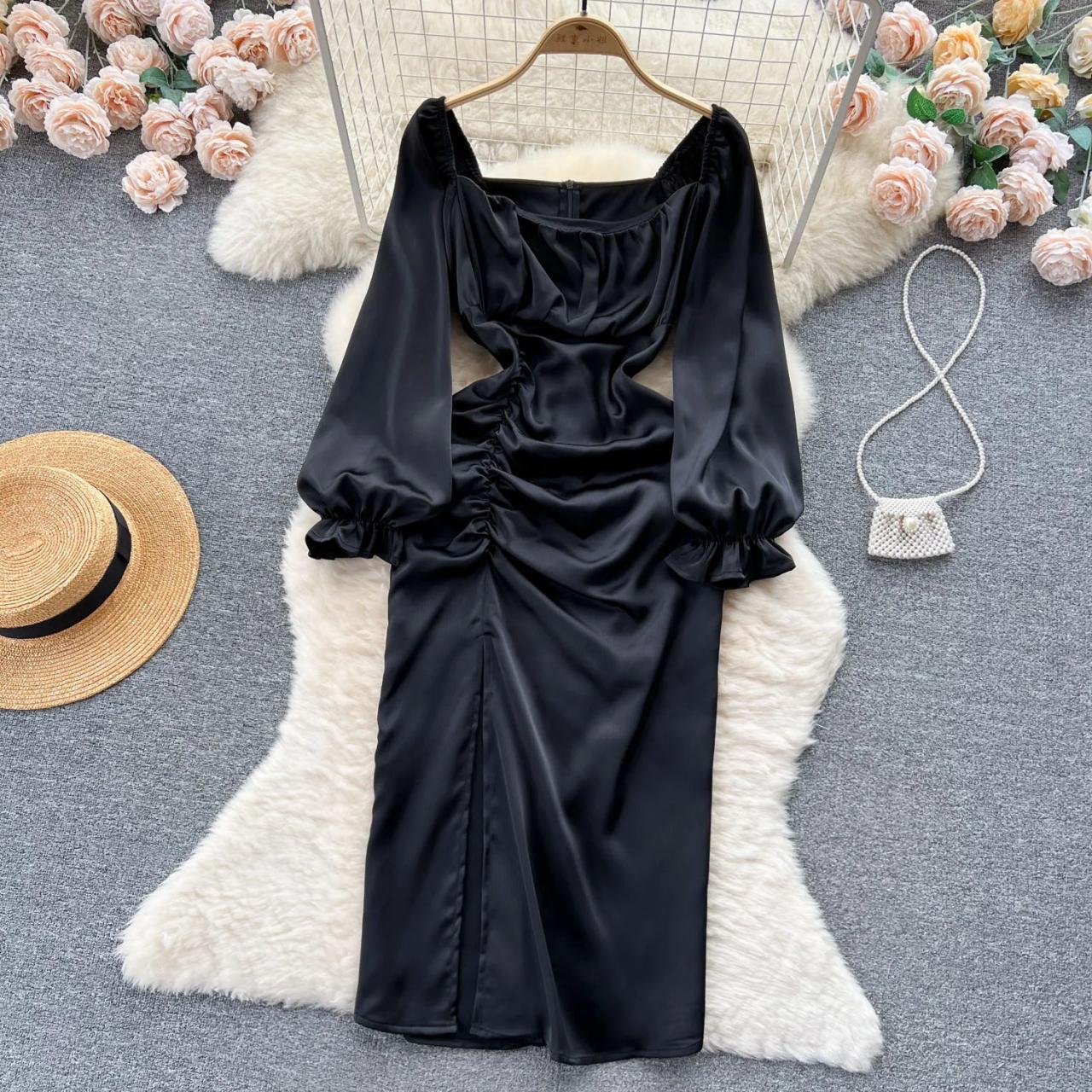 satin dress with balloon sleeves Balloon Sleeve Satin Dress
