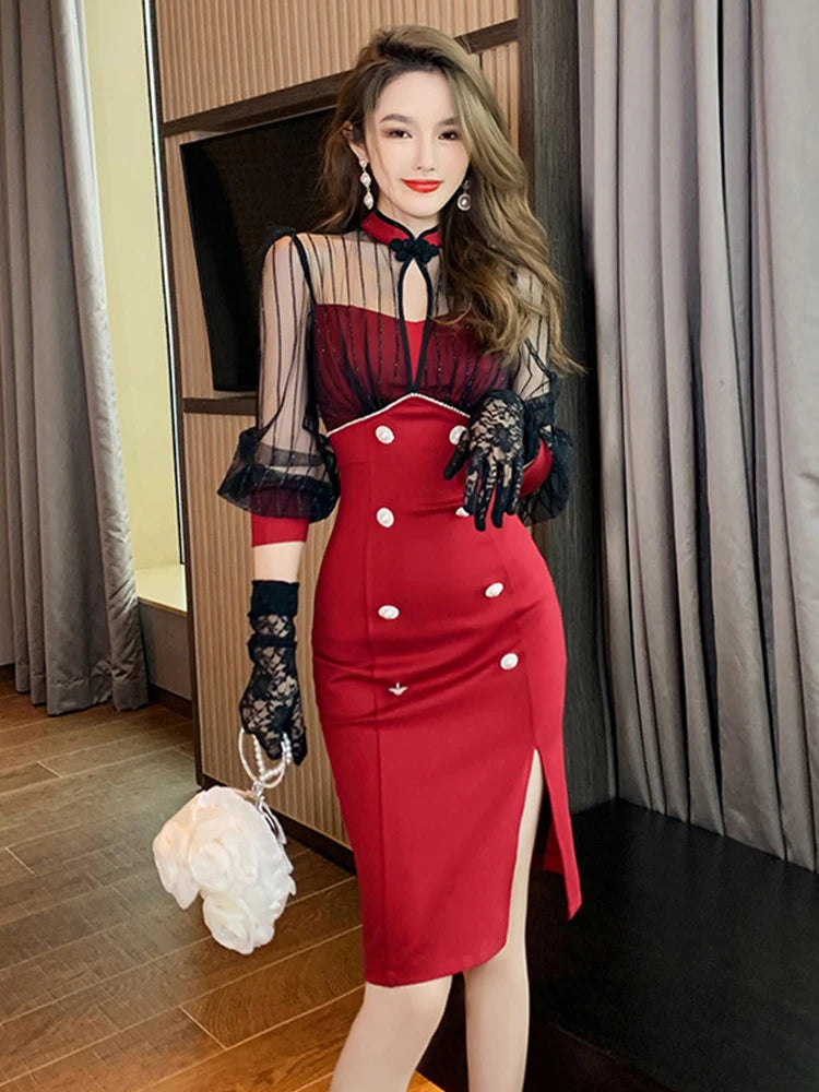 Spring Women Midi Dress Sexy Chinese Style Red Sheer Mesh Spliced Hollow  Disc Buckle Pearl Button Sl on Luulla