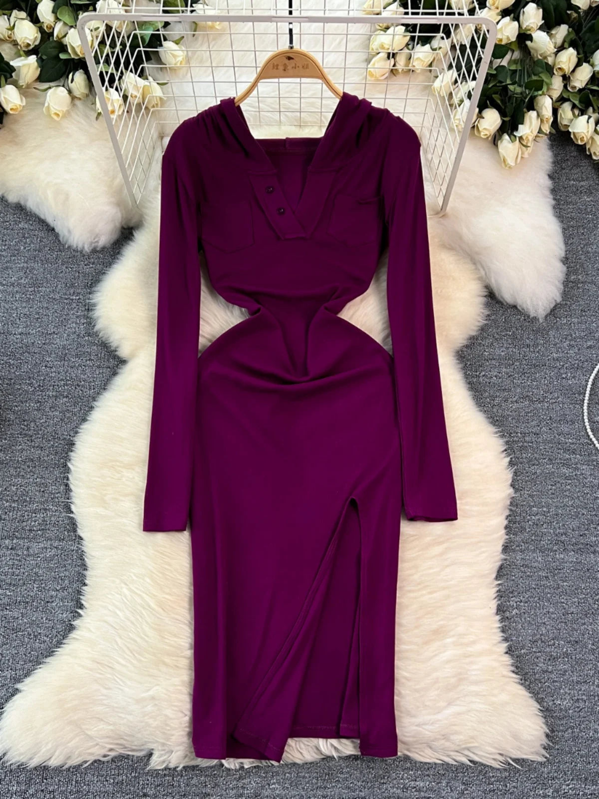 Elegant Plum Long Sleeve Bodycon Midi Dress