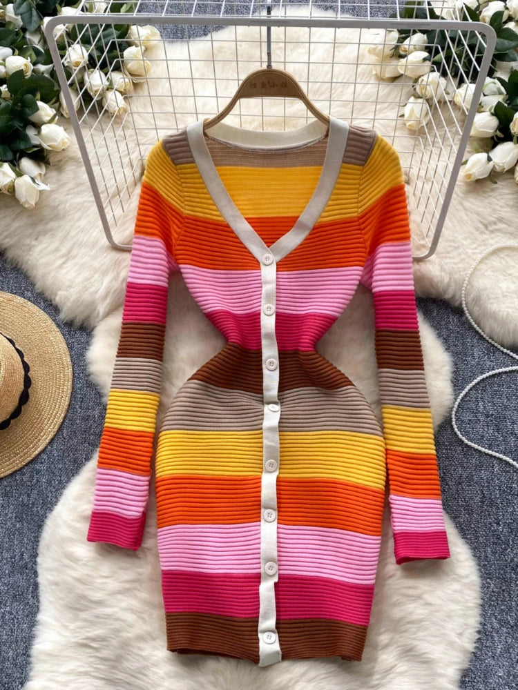 Colorful Striped V-neck Button-down Sweater Dress