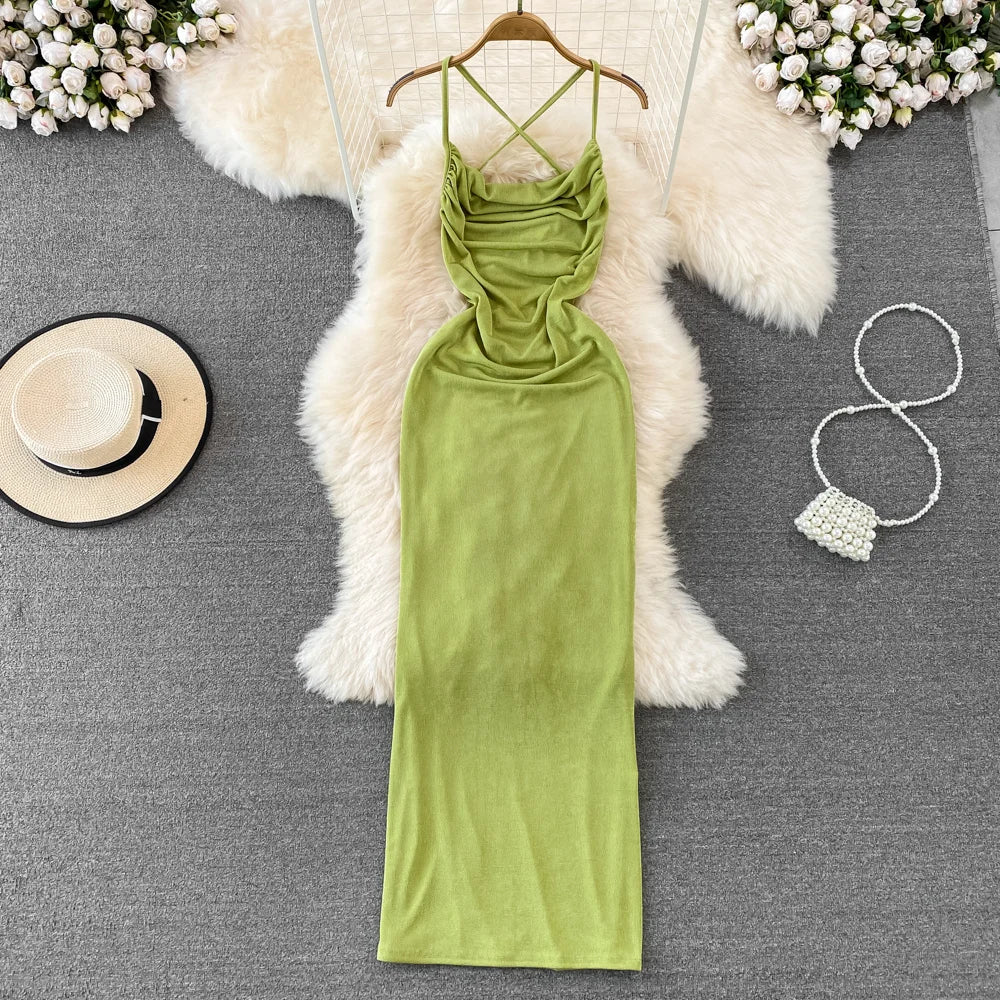 Elegant Green Ruched Maxi Dress With Straps