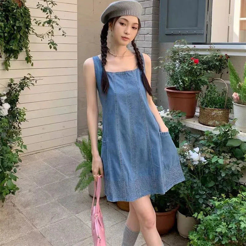 Casual Sleeveless Denim Dress With Pockets on Luulla