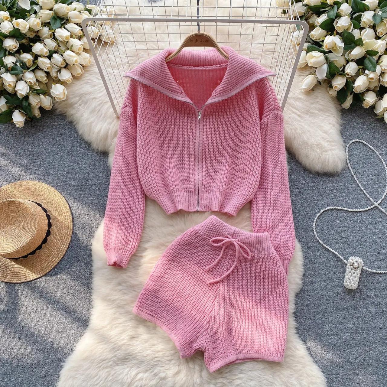 Cozy Pink Knit Sweater And Shorts Set on Luulla