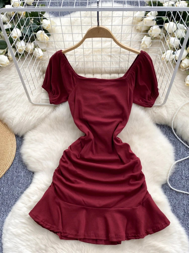 ruched ruffle puff sleeve mini dress Formal Lady Ruched Ruffle Dress Short Mini Long Puff Sleeve Elegant Party  Dress