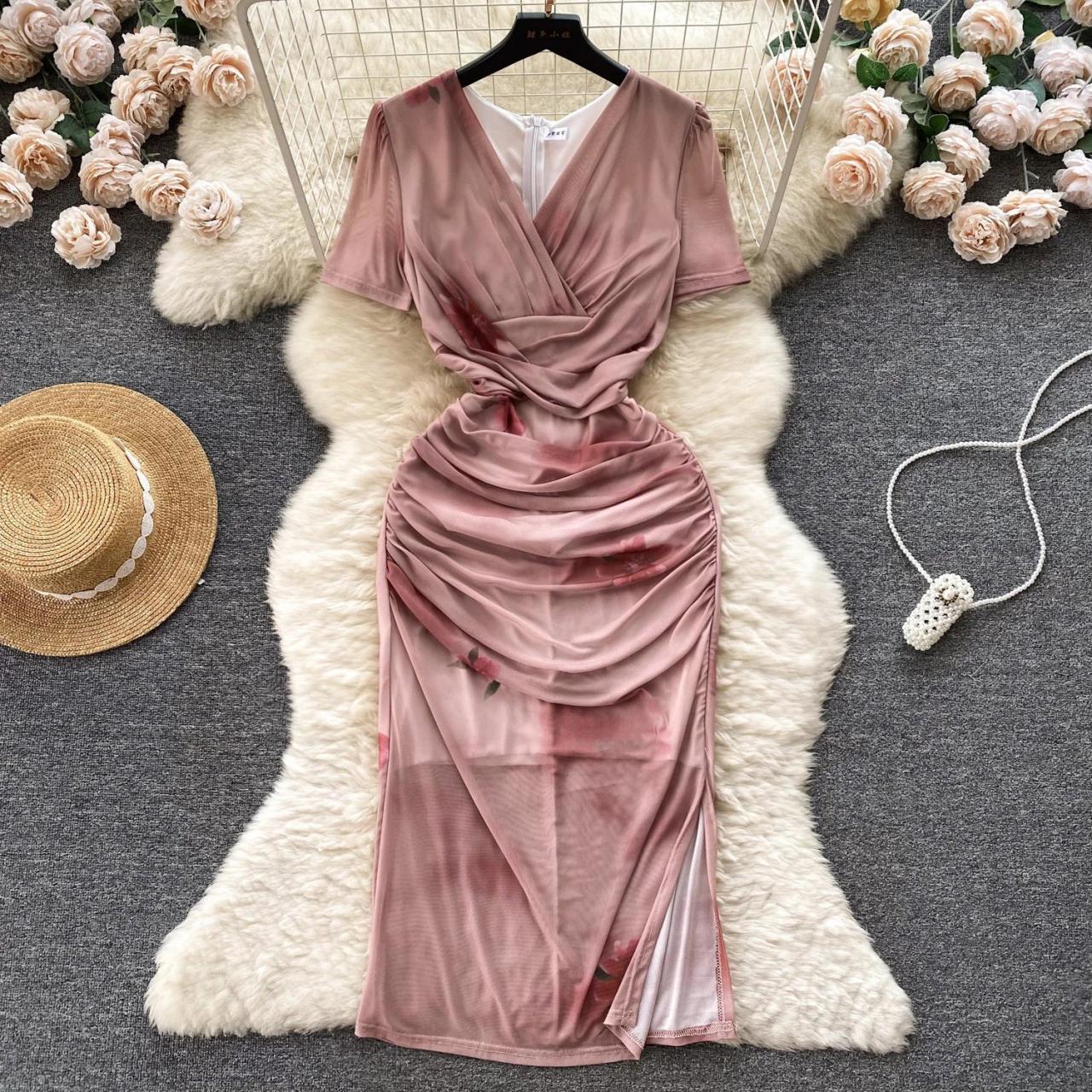 Luxurious Pink Draped Mesh Midi Dress