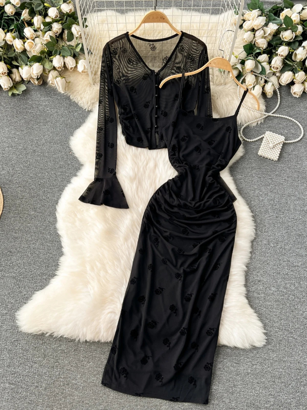 princess polly baby blue dress Riforla Women's Skirt Suit Sexy Pleated Hollow Two Piece Dress 2 Piece Sets  Women Outfit Black XL main image 1