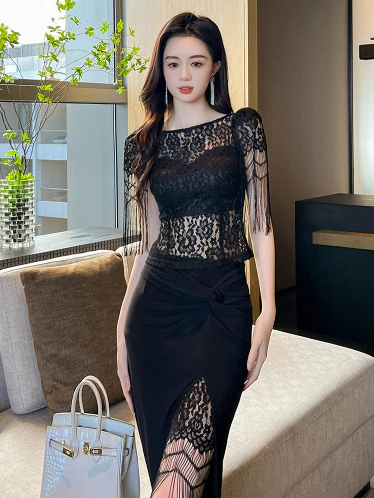 Summer Sexy Club Pieces Outfits Elegant Women Chic Black Lace