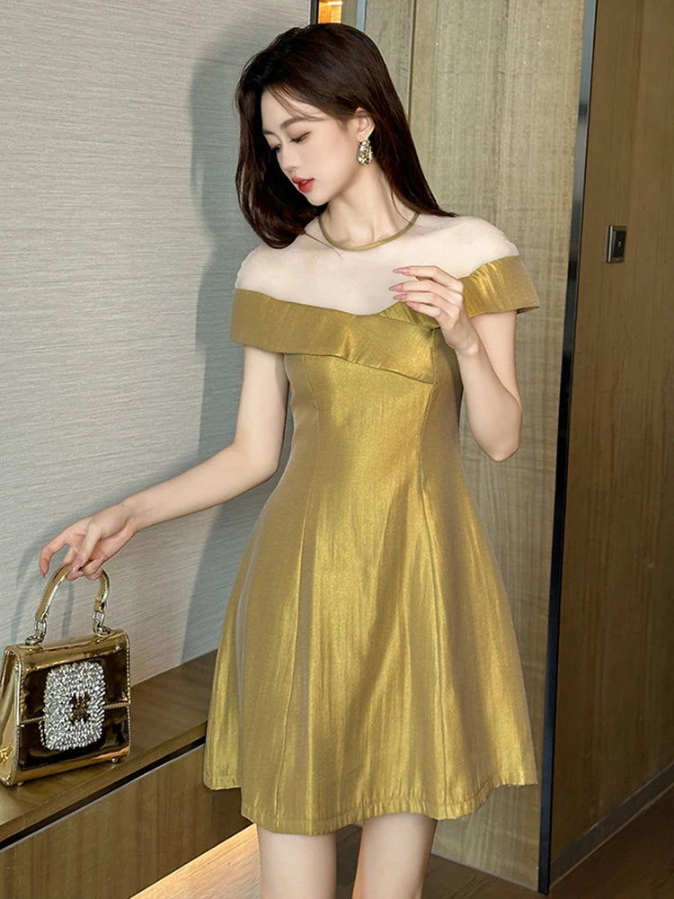 Summer Retro Satin Short Sleeve Gown Evening Dress Women Clothes Mesh Sheer Sexy O-neck Slim A-line Short Party Prom Vestido