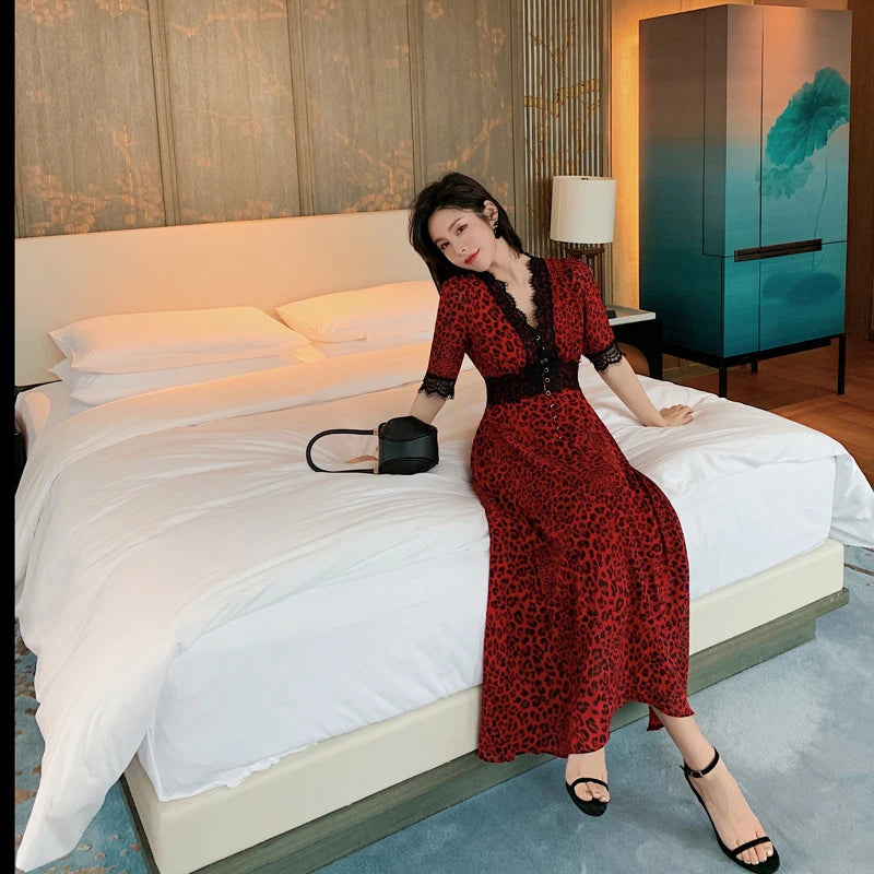 Lace Trimmed Red Leopard Print Maxi Dress on Luulla