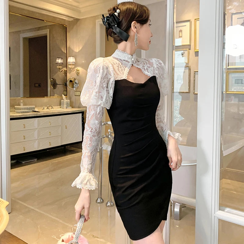 Black Lace Bodycon Dress With Puff Sleeves on Luulla