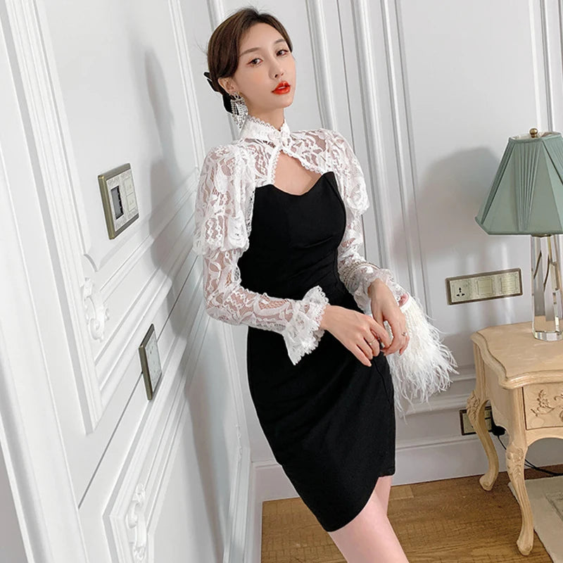 Black Lace Bodycon Dress With Puff Sleeves on Luulla