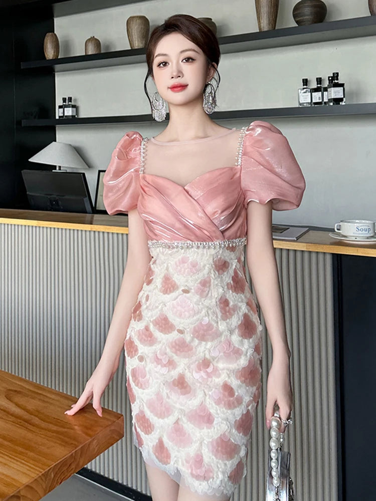 elegant dresses for wedding near me IVORY PUFF SLEEVE MIDI DRESS – HIGH NECK A-LINE ELEGANT OCCASION DRESS –  Kelly Grace Brands main image 1