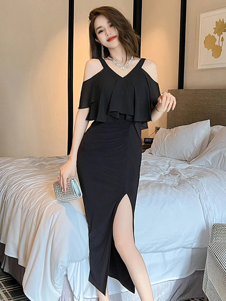 black off the shoulder dress with slit Lady Black Tie - Fallon Gown - Off The Shoulder Ruched Sequin Dress main image 1
