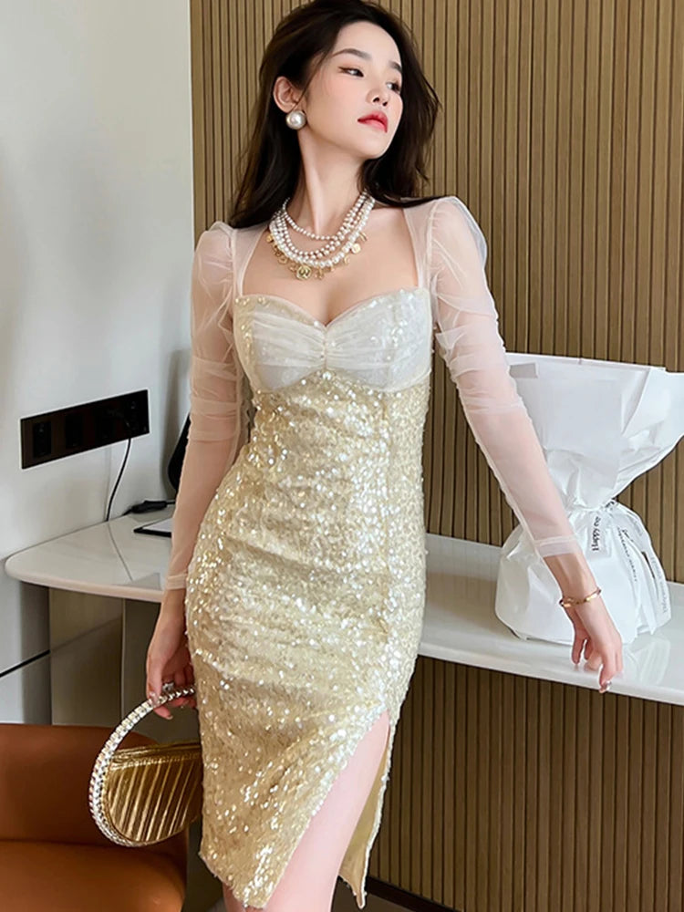 Sequin Mesh Long Sleeve Party Cocktail Dress