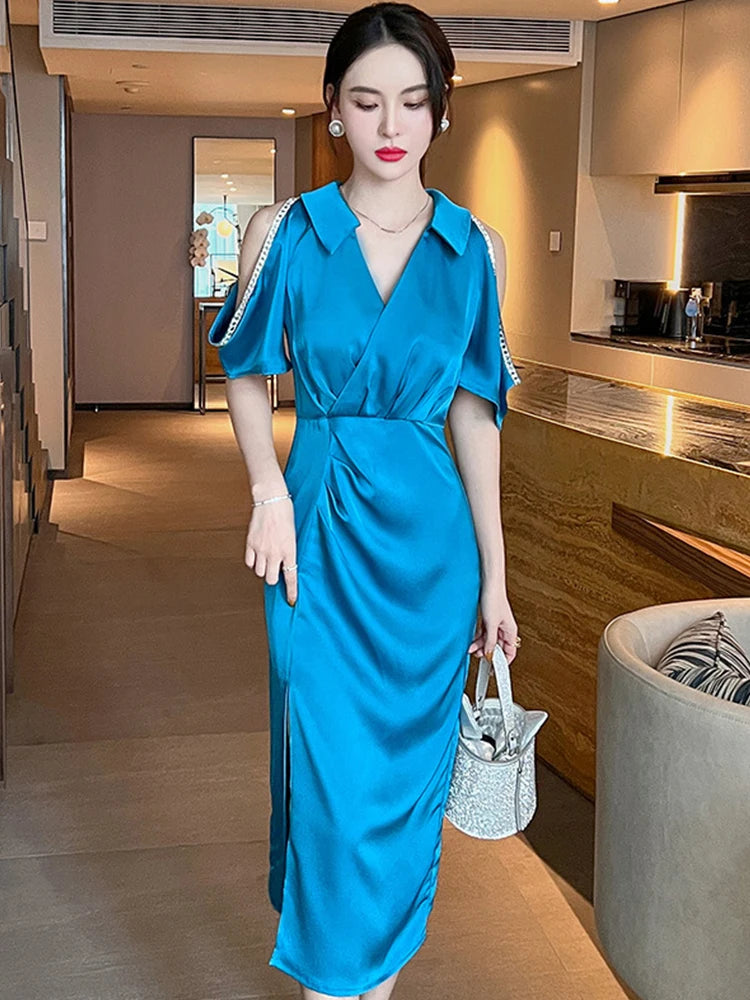 Satin Elegant Office Women Evening Dress Formal Casual Sexy Hollow Slim  Slit Midi Party Club Commute on Luulla