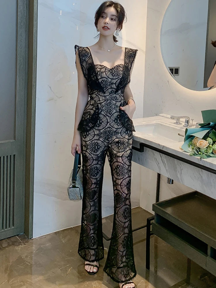 Lace Overlay Sleeveless Black Jumpsuit With Pockets