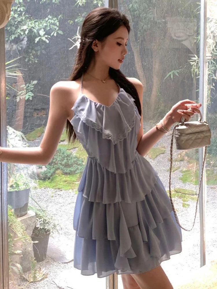 Summer Fashion Sweet Ruffle Vacation Beach Short Dress Women Clothes Solid Sexy Sling Backless Slim A-Line Party Prom Vestidos