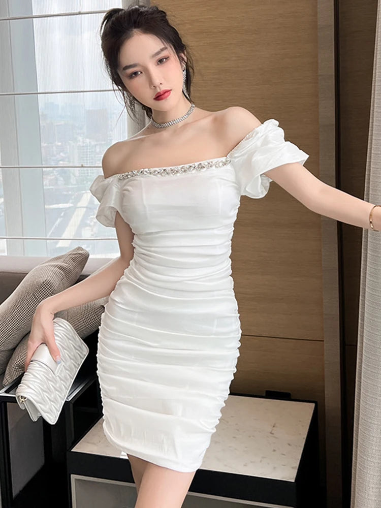 open lace back dress Off Shoulder Ribbed Knit Pleated Mini Dress – The Pink Box main image 0