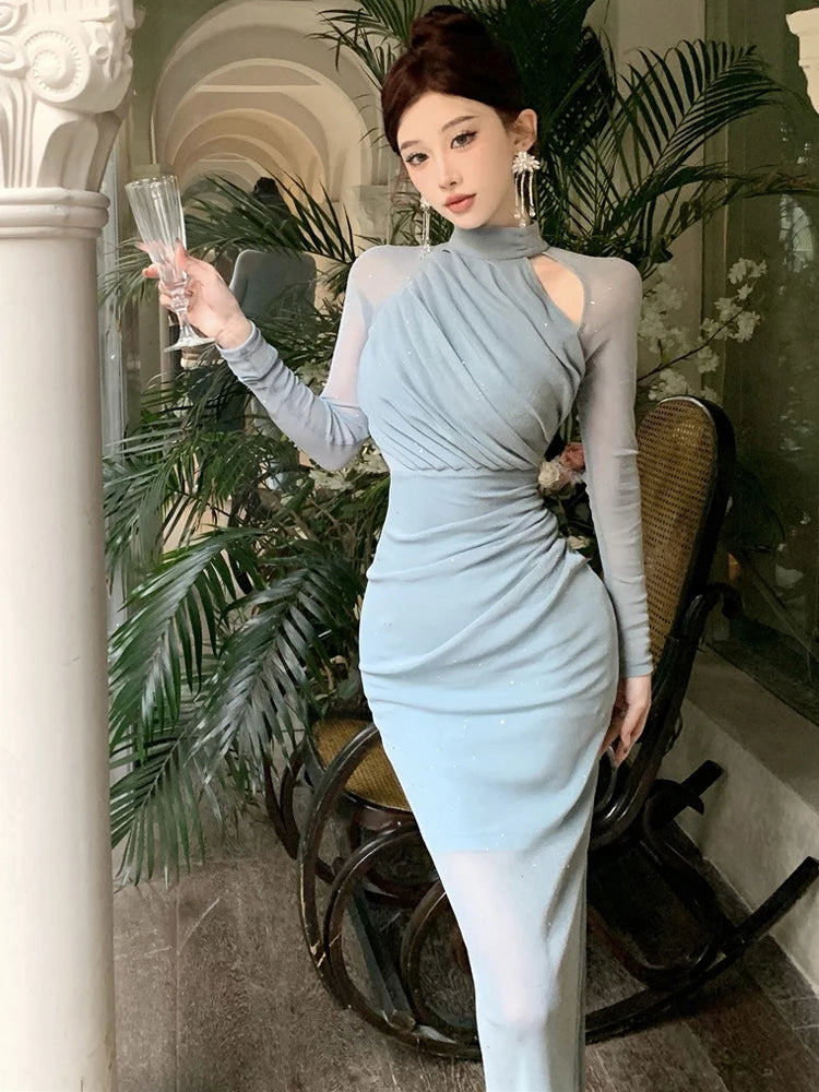 Chic Asymmetrical Ruched Long Sleeve Cocktail Dress