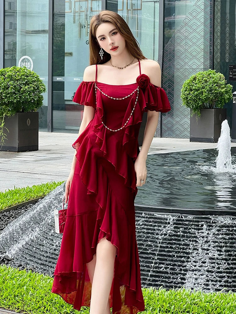 Off-Shoulder Red Ruffled Dress with Flower