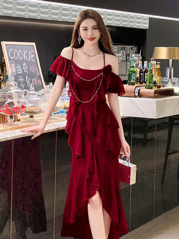 Off shoulder Red Ruffled Dress With Flower on Luulla