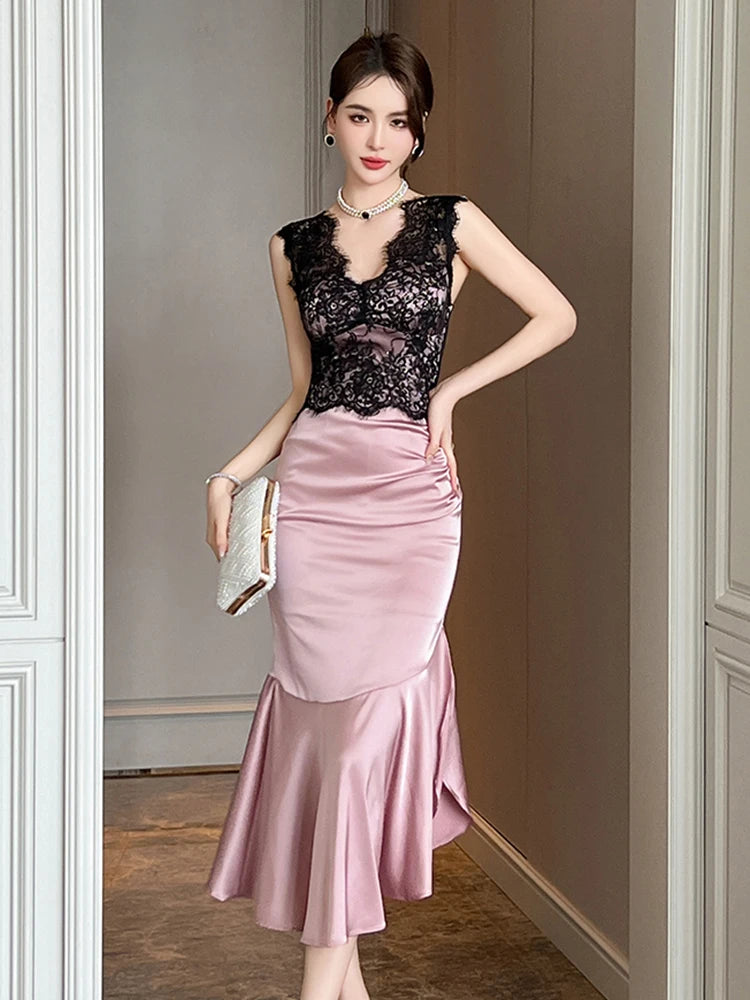 Lace Top Satin Gown With Blush Skirt