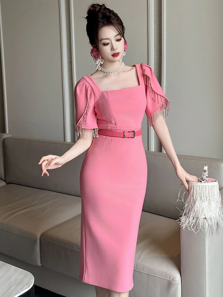 glitter dress midi length Gigii's AURA GOLD SEQUIN MIDI DRESS